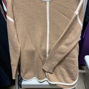 J crew sweater 100% wool. Machine gentle wash is fine. Don’t put it in dryer.